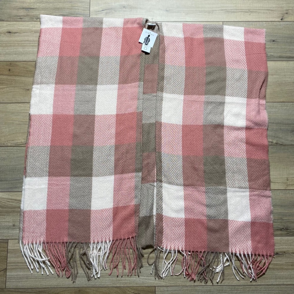 Alesssia Womens Check Pattern Open Front Kimono  With Fringe Brown‎ Pink Beige